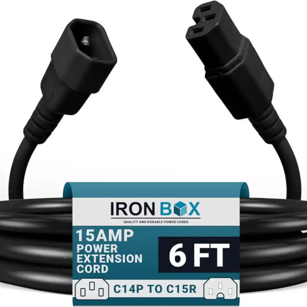 Ironbox Electric C14 to C15 Power Cord - 15A/250V, 14/3 AWG SJT - Heavy Duty Cord - UL Listed IEC Power Cable Extension - Jumper Cords for Computer, Server, Desktop, Speaker & More (6Ft, Black)