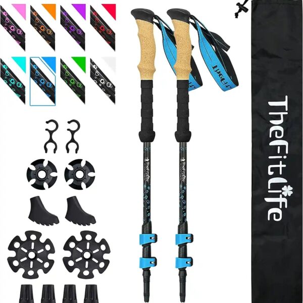 Thefitlife Carbon Fiber Trekking Poles – Collapsible and Telescopic Walking Sticks with Natural Cork Handle and Extended EVA Grips, Ultralight Nordic Hiking Poles for Backpacking Camping
